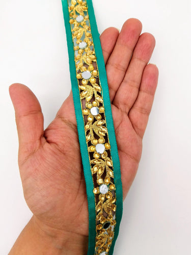 Dark Green Satin Ribbon Floral Cutwork Lace Trim Embellished with Real Mirrors and Kundan Beads, Decorative Trim, Trim By 3 Yards